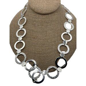 Timeless Modernist Circle Necklace Silver Tone Rough Smooth Textures Open Link